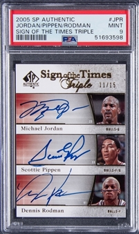 2005-06 Upper Deck SP Authentic #JPR Jordan/Pippen/Rodman Multi-Signed Card (#11/15) - PSA MINT 9
